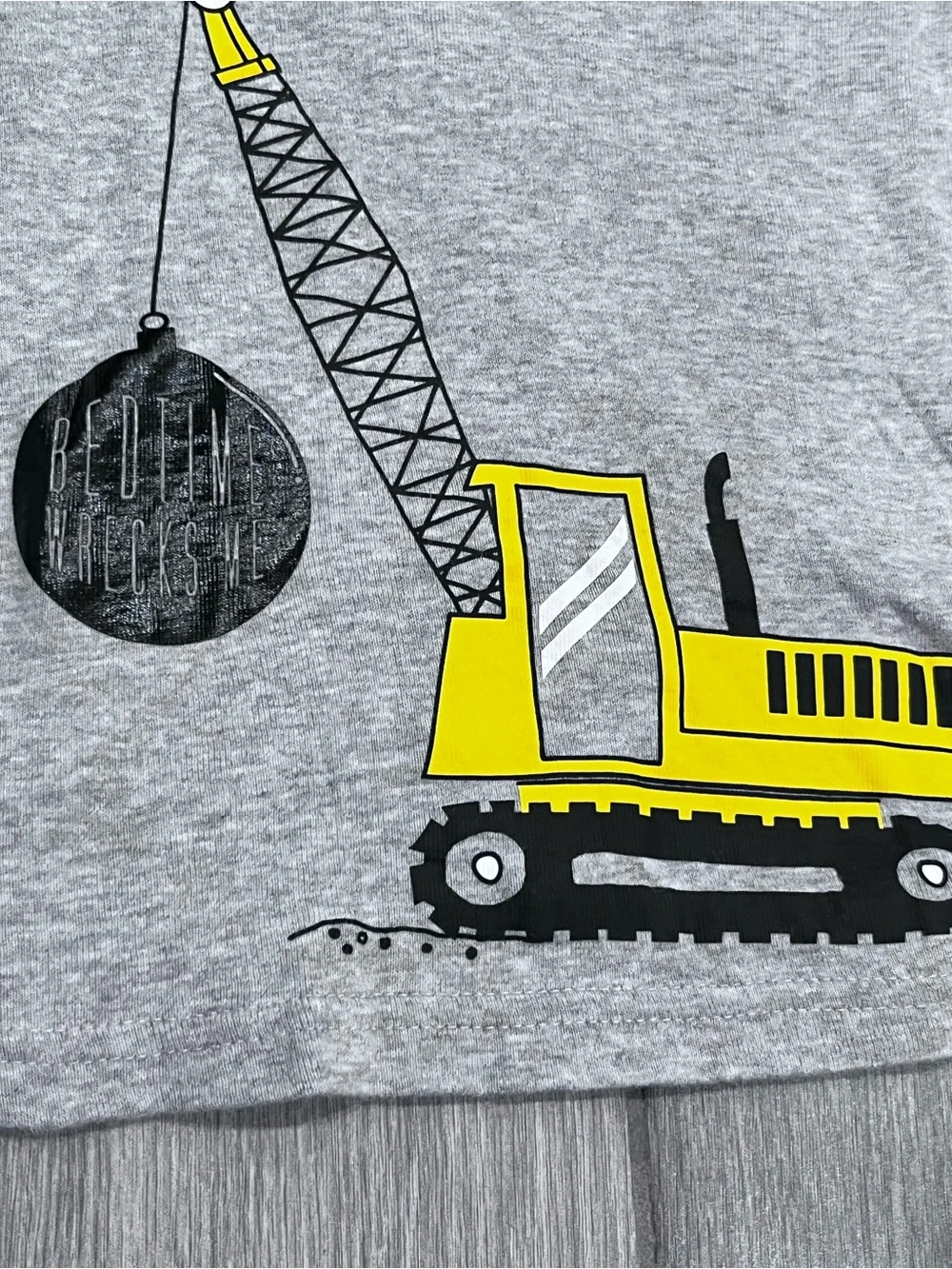 Gray & Black Kids Construction PJ Tee and Shorts Set with Yellow Crane Graphic